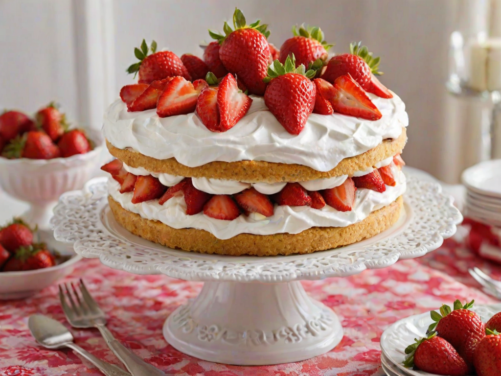 Create a vibrant image of a layered strawberry shortcake. The cake should have fluffy white layers filled with strawberries and whipped cream. Present the whole cake on a decorative cake stand with fresh strawberries on top, and include a slice on a plate in the foreground. Use a colorful tablecloth with an intricate pattern in the background to enhance the scene.