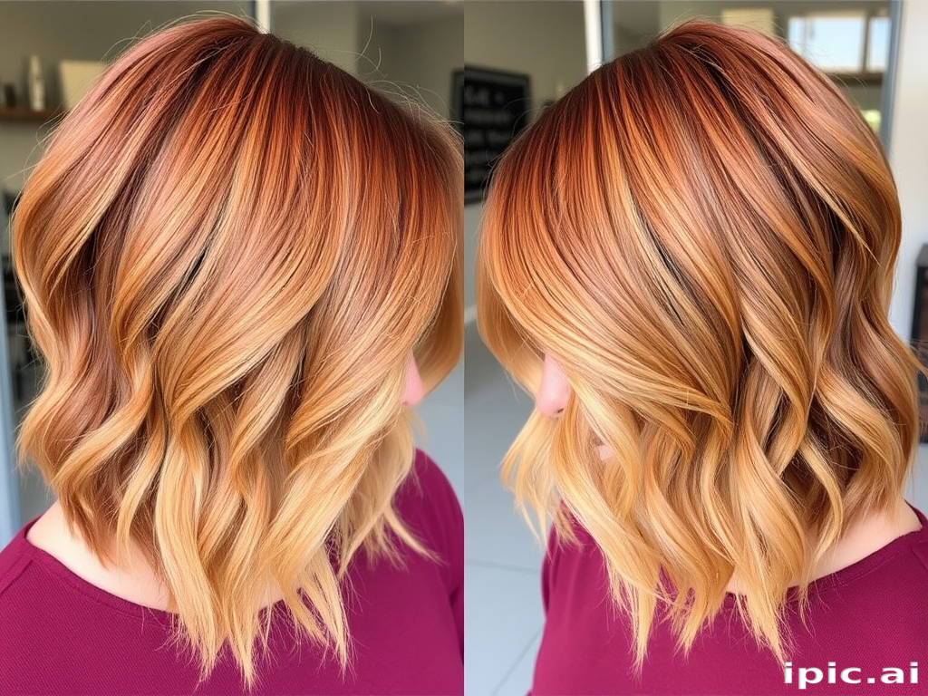Copper penny bob with honey-gold balayage, styled in beachy waves, known as "Autumn Sunrise" hair, featuring a side-swept fringe and tousled texture