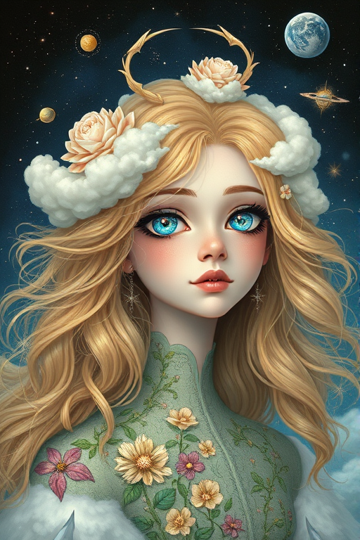 Create a series of imaginative portraits where each subject is infused with elements of fantasy and nature. The hair of the individuals should flow like clouds, varying from soft, fluffy cumulus to wispy cirrus strands, with hints of color reflecting a sunset or a clear blue sky. The eyes should be windows to entire galaxies, with stars, nebulae, and distant planets visible within them. Clothing should be adorned with nature motifs, such as floral patterns that bloom and change, vines that seem to grow and wrap around, or feathers that shimmer with iridescence. Each portrait should capture a unique personality, blending human features with the ethereal beauty of the natural and cosmic world. The backgrounds can vary, from starry night skies to enchanted forests, adding depth and context to the magical realism of the portraits