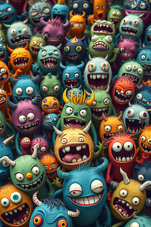 Create a whimsical crowd of cartoon monsters with exaggerated features in a dense composition, illustrated in a hand-drawn style, using a Canon EOS R5 with a 50mm f/1.8 lens, aperture set to f/8 for depth of field, ISO 400 for clear detail, and a top-down view to capture the entire scene.