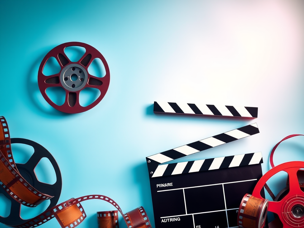 Create an illustration of film reels and a clapperboard on a transparent background, using a digital art style with vibrant colors and sharp details, shot with a DSLR camera at f/2.8, ISO 100, 35mm focal length, top-down view to emphasize the elements, with soft lighting for a cinematic effect.