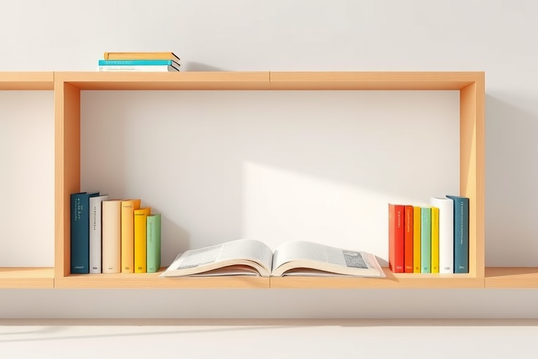 Create a high-resolution illustration of a minimalist bookshelf with colorful books and two open books on a clean background, shot with a Canon EOS R5 at f/2.8, ISO 100, 35mm lens, in a bright and evenly lit environment.