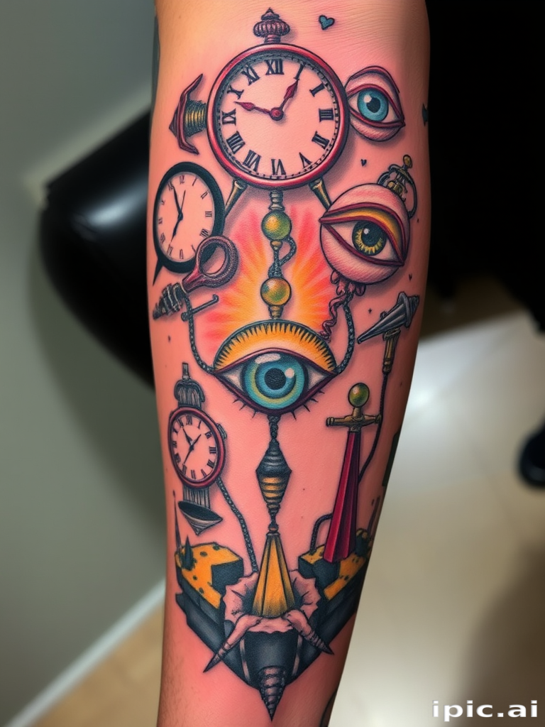 Surrealist tattoo titled "Dreamweaver's Vision" depicting melting clocks, floating eyes, and impossible structures inspired by Salvador Dali's artwork