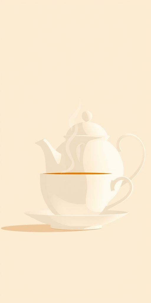 Create a minimalist illustration of a teacup with steam and a teapot, soft beige background, focus on smooth lines and harmonious shapes, camera settings: f/4, ISO 200, 50mm lens, captured in natural light with a soft focus style, using a digital camera.
