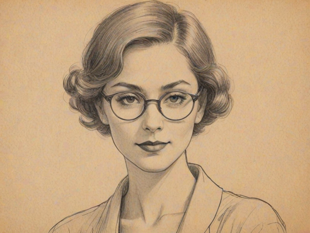 Appealing Sabrina Sato, pencil sketch, portrait of Ravishing woman 1923s in glasses, hair style beatnik, outline, clear lines, fine lines, 8k