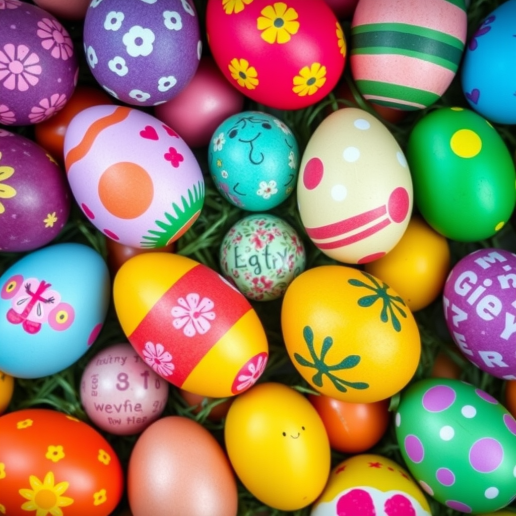 Create a vibrant and colorful image of decorated Easter eggs arranged in a grid pattern, using a DSLR camera with a 50mm lens at f/2.8 for a shallow depth of field, ISO 200, natural lighting, and a top-down view to enhance the details of each egg's design and texture.