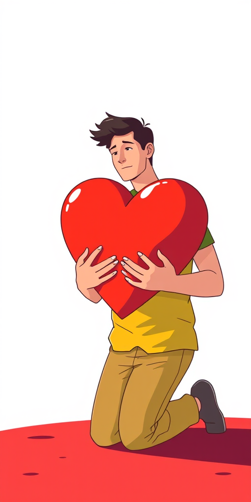 A stylized illustration of a man kneeling and holding a large heart, with a vibrant color palette, shot with a Canon EOS R6, 50mm lens, f/1.8 aperture, natural light, slightly low angle for dramatic effect, clear background to emphasize the subject.