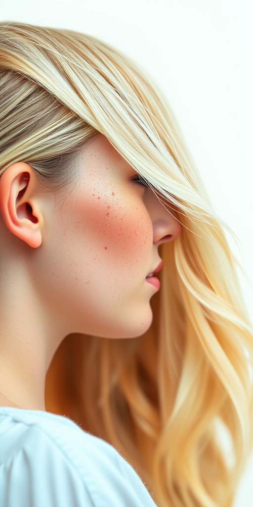 Generate a high-quality profile illustration of a woman with blonde hair and freckles, using a Canon EOS R5, 85mm f/1.2 lens, aperture f/2.8, ISO 100, with a soft focus background and vibrant colors.