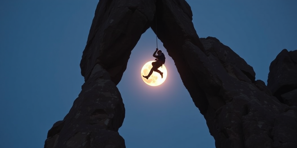 Capture a climber hanging from a rock formation against a full moon backdrop, using a DSLR camera, 50mm lens, f/1.8 aperture, ISO 400, 1/125 sec shutter speed, low angle view, and dramatic lighting for enhanced image quality.