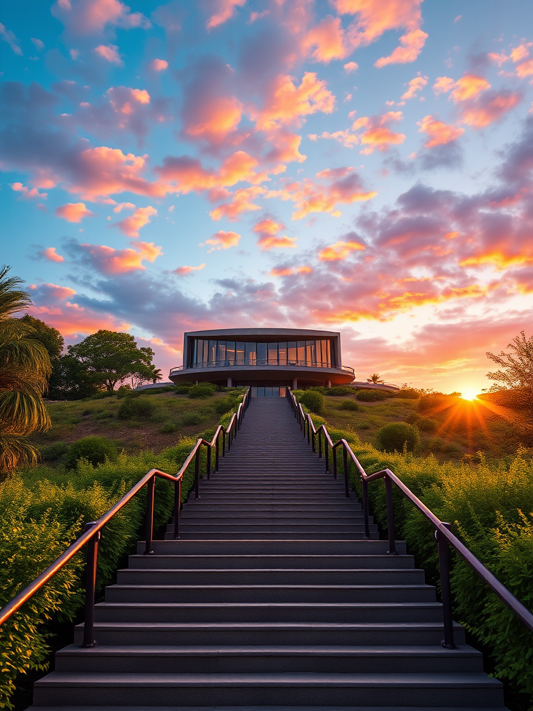 Create a digital painting of a grand staircase leading to a modern architectural building on a hillside during sunset, with vibrant colors in the sky and lush greenery on either side, captured with a Canon EOS R5 at f/8, ISO 100, 24mm focal length, in a wide-angle view to enhance depth and detail.