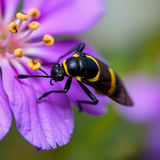 Capture a close-up of a black insect with yellow stripes on a vibrant purple flower, using a macro lens at f/2.8, ISO 100, 1/200 sec, with a shallow depth of field to emphasize the insect and flower while softly blurring the background, shot from a 45-degree angle using a DSLR camera.