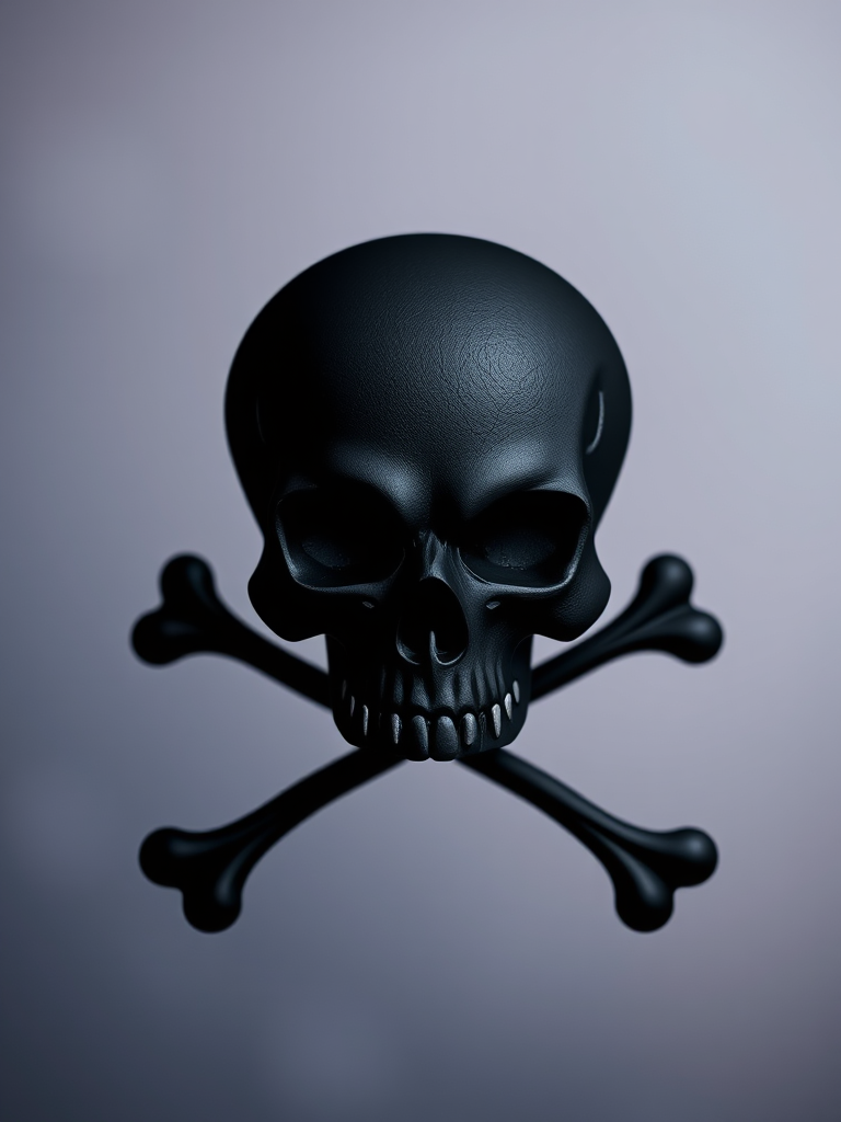 Create a high-resolution graphic of a stylized skull and crossbones, featuring a matte black skull with white eyes, set against a soft gradient background; use a DSLR camera with a 50mm lens, aperture f/2.8, ISO 100, and a shallow depth of field to enhance focus on the skull and crossbones while softly blurring the background.