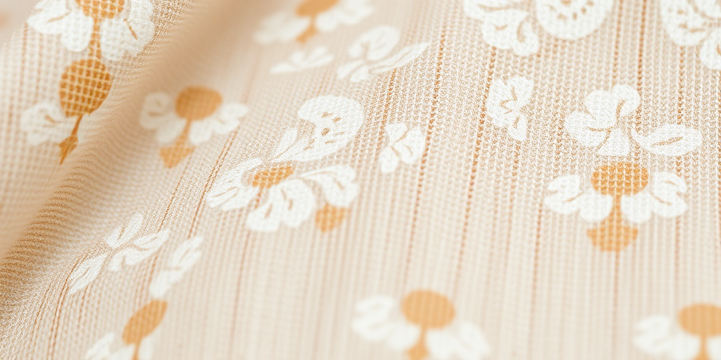 Create a high-resolution texture image of a beige fabric with a subtle floral pattern, close-up view, using a DSLR camera with a 50mm lens, aperture f/2.8, ISO 100, shutter speed 1/125s, and natural lighting.