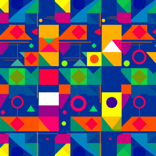 Create a vibrant abstract pattern featuring colorful geometric shapes like triangles, squares, circles, and lines on a deep blue background, captured with a DSLR camera at f/8 aperture, ISO 100, and a 24mm lens for sharpness and detail.