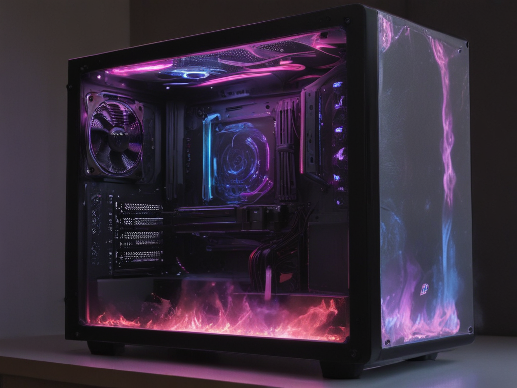 make a computer pc case that has a fire burning inside with smokes. you ...