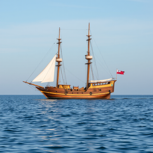 Create a realistic image of an old sailing ship on calm water with a clear sky, using a DSLR camera with a 50mm lens, f/8 aperture, ISO 100, and a sharp focus to enhance details and colors.