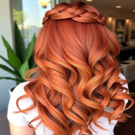 Fiery copper ombre locks flow from deep auburn roots to bright copper ends, styled in voluminous romantic curls with a braided crown for added sophistication