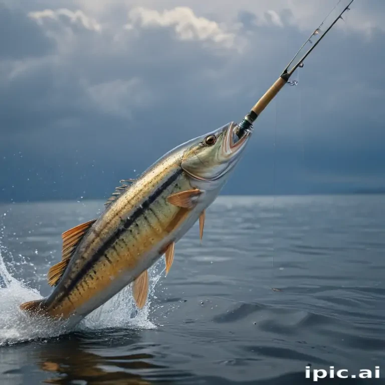 Angler's Triumph: A Striking Fish Leaps from the Water Mid-Catch