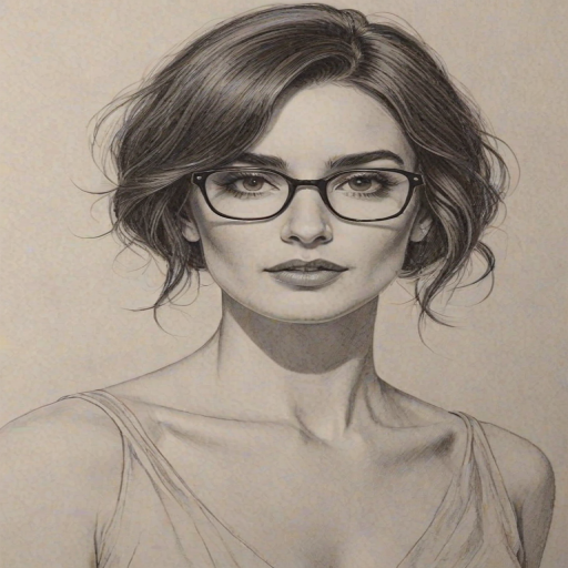Enchanting Paz Vega, pencil sketch, portrait of Stunning woman 1925s in glasses, hair style beatnik, outline, clear lines, fine lines, 8k