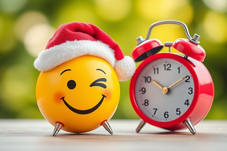 Create an image of a cheerful yellow emoji with a wink wearing a Santa hat next to a classic red alarm clock, set against a softly blurred green bokeh background, captured with a Canon EOS R5, 50mm lens, f/2.8 aperture, ISO 100, in natural light for enhanced quality.