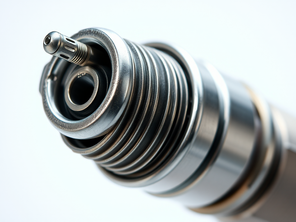 create a highly detailed illustration of a spark plug, focus on metallic texture and intricate design, use a macro lens, f/2.8 aperture, ISO 100, 1/200s shutter speed, natural lighting, side view, high-resolution digital format