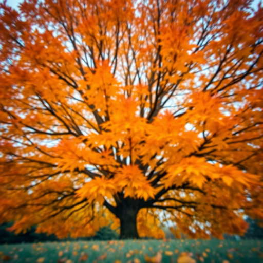 Create a vibrant, high-resolution image of a large autumn tree with bright orange and yellow leaves, captured with a DSLR camera using a 50mm lens at f/1.8, ISO 100, shutter speed 1/200s, in a soft focus style from a low angle perspective.
