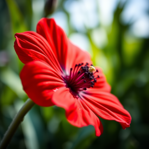 create a close-up image of a vibrant red flower with intricate petal details and a softly blurred background, using a macro lens at f/2.8 aperture, ISO 100, 1/200s shutter speed, shot with a DSLR camera in natural light for enhanced clarity and depth of field.