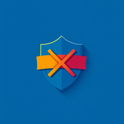Create a high-resolution digital illustration of a bold, stylized shield icon with a crossed-out circle around it, using a vibrant color palette, with soft shadows for depth, shot in a 35mm camera view at f/2.8 aperture and 1/60 shutter speed for crisp detail, in a vector art style.