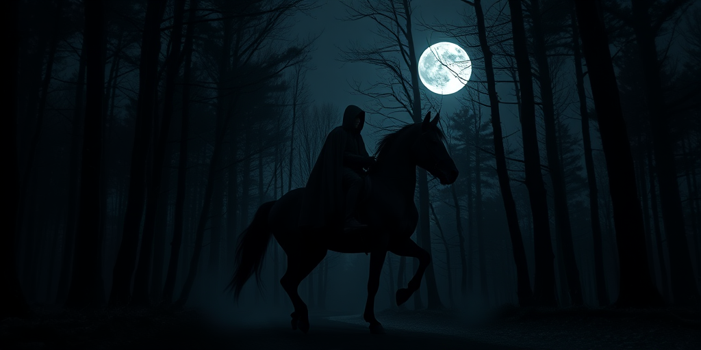 A mysterious figure in a dark cloak riding a majestic black horse through a shadowy forest under a full moon, captured with a Canon EOS 5D Mark IV, 35mm lens, f/2.8 aperture, ISO 100, long exposure, cinematic style, high contrast.