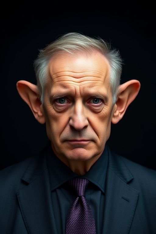 Create a portrait of a middle-aged man with exaggerated large ears, a serious expression, wearing a dark suit and tie, against a solid dark background, using a Canon EOS R5 camera, 50mm lens, aperture f/1.8, ISO 100, 1/200 sec shutter speed, in studio lighting for enhanced contrast and detail.