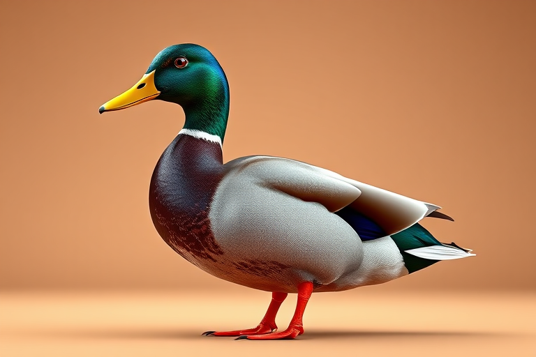 Generate a realistic 3D rendering of a mallard duck standing on a plain background, focus on vibrant colors and textures, use a shallow depth of field with a 50mm lens, aperture set to f/2.8, ISO 100, and 1/200 sec shutter speed.