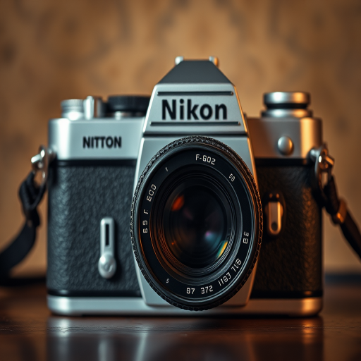Capture an artistic shot of a vintage Nikon camera with a 50mm lens set at f/2, ISO 100, shutter speed 1/60s, with a shallow depth of field, using a macro lens perspective and a warm moody background to enhance the camera's details and textures.