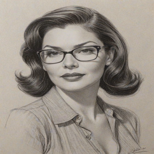 Pleasing Laura Harring, pencil sketch, portrait of Ravishing woman 1938s in glasses, hair style beatnik, outline, clear lines, fine lines, 8k