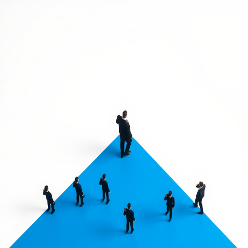 Create an image of a minimalist scene with a single figure in a black suit walking on a white background, while multiple smaller figures in black suits are positioned on a blue diagonal floor, use a Canon EOS R5 at f/8, 1/200 sec, ISO 100, with a wide-angle lens and a top-down view to enhance clarity and detail.
