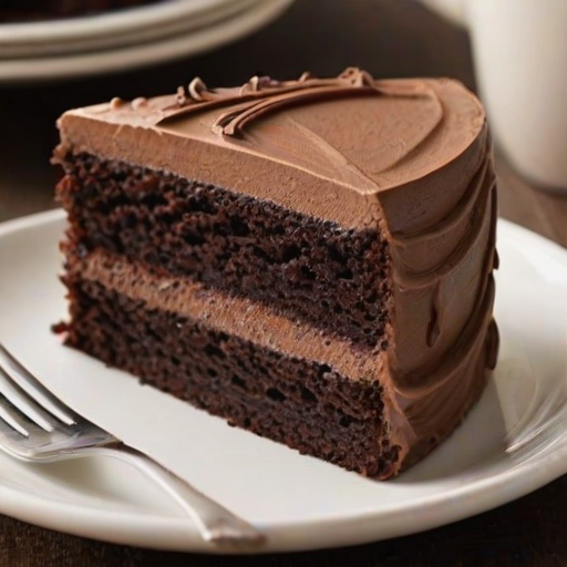 Generate an image of a slice of rich chocolate cake with layers of moist chocolate sponge and creamy chocolate frosting. The slice should be displayed on a simple white plate with a fork beside it, and the background should be light and neutral to emphasize the cake’s texture and color.