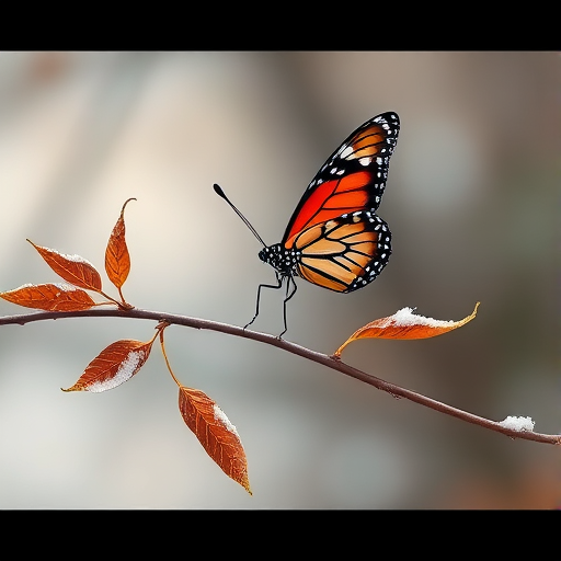 Generate an image of a butterfly perched on a slender tree branch with a few brown, dried leaves. The setting should have a soft, blurred background suggesting a serene environment, and there should be a hint of snow on the leaves and branch. The butterfly should display vibrant colors, contrasting with the muted tones of the leaves and the background.