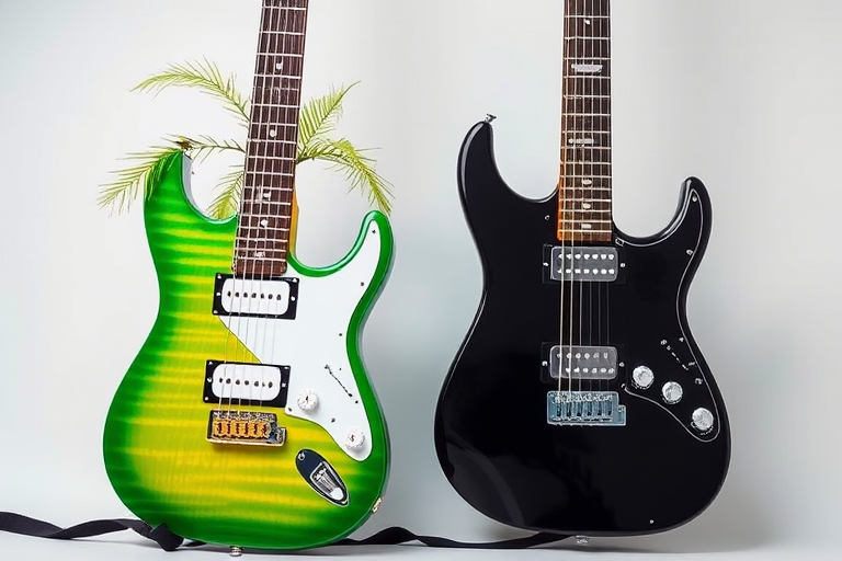 Create an image of two electric guitars resembling palm trees, one in vibrant green and the other in sleek black, captured with a DSLR camera at f/2.8 aperture, 50mm lens, 1/200s shutter speed, natural lighting, in a close-up view to enhance detail.