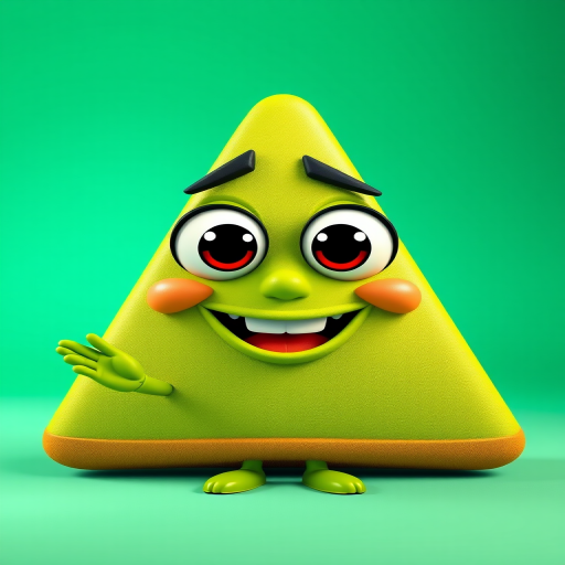 Create a cartoon character of a green triangle with large expressive eyes, a friendly smile, and a hand gesture, shot with a Canon EOS R5, 50mm lens, f/1.8 aperture, ISO 100, in a bright studio with soft lighting to enhance color vibrancy.