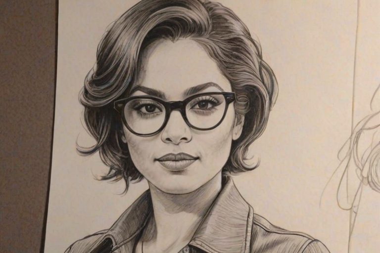 Delightful Monica Raymund, pencil sketch, portrait of Ravishing woman 1973s in glasses, hair style beatnik, outline, clear lines, fine lines, 8k