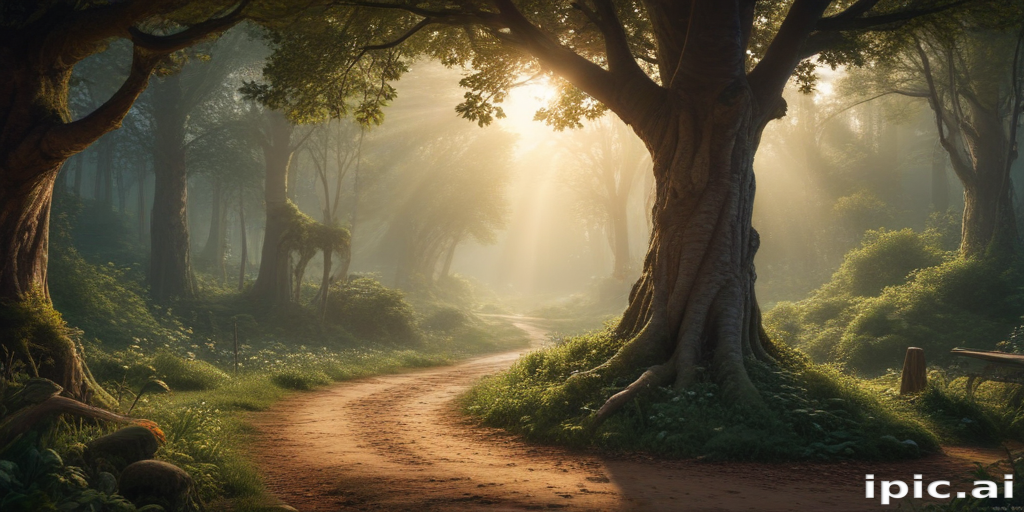 Serene Forest Pathway Bathed in Golden Morning Light and Nature's Beauty
