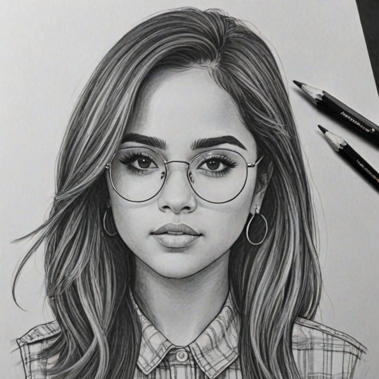 Delightful Becky G, pencil sketch, portrait of Magnificent woman 1969s in glasses, hair style beatnik, outline, clear lines, fine lines, 8k