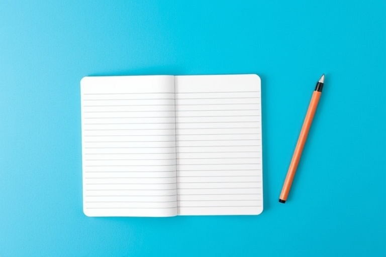 Create a high-quality image of an empty, lined notebook page with a bright blue background, shot with a Canon EOS R5 camera, using an aperture of f/2.8, ISO 100, and a focal length of 50mm, top-down view, in natural lighting for a flat lay presentation.