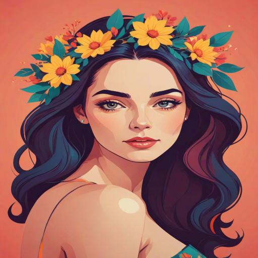 Use modern vector graphics flat design art with vibrant colors with a limited color pallete and simple shapes to create an illustration of a woman wearing flowers in her hair looking at the viewer