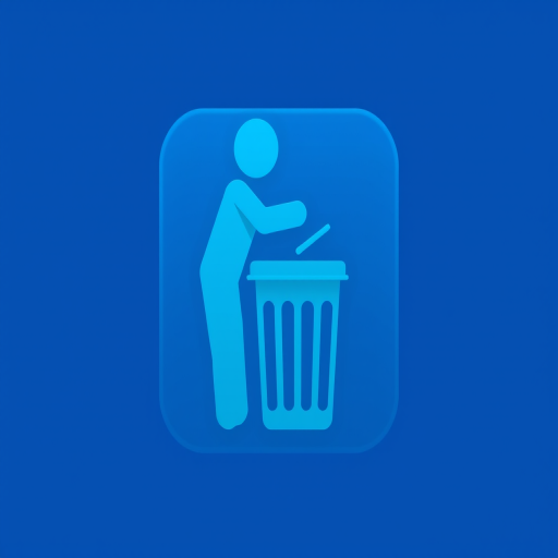 Create a high-resolution vector illustration of a blue icon depicting a person discarding trash into a bin, with a clean and modern design, using a Canon EOS R camera, f/2.8 aperture, 1/125 shutter speed, and ISO 100 for optimal clarity and detail.