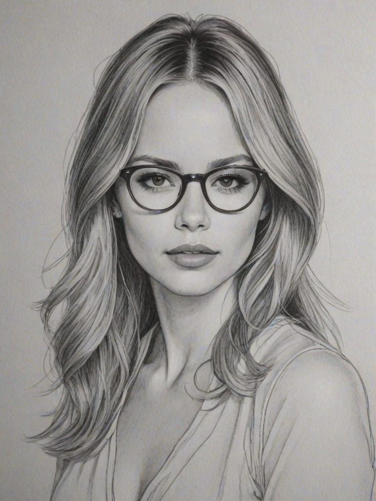 Attractive Halston Sage, pencil sketch, portrait of Splendid woman 1979s in glasses, hair style beatnik, outline, clear lines, fine lines, 8k