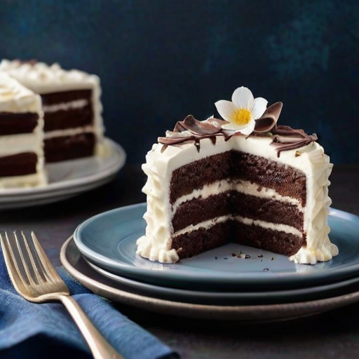 Create a realistic image of a slice of layered chocolate cake with white frosting. The cake should have visible layers filled with chocolate and crunchy elements, topped with white chocolate curls. Place the slice on a simple white plate against a dark blue fabric background. Include some decorative elements like small edible flowers around the plate.