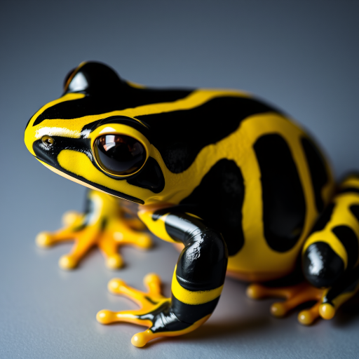Generate an image of a close-up of a brightly colored frog with a glossy black body and striking yellow stripes. The frog should be positioned on a smooth surface, showcasing its intricate details and vibrant colors.