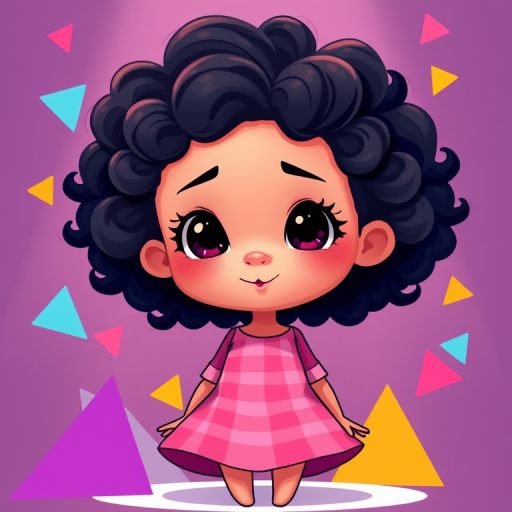 Create an illustration of a cartoon child with curly black hair and an expressive face, wearing a checked pink dress, surrounded by colorful geometric shapes, using a Canon EOS R5 with a 50mm f/1.2 lens, at f/2.8 aperture, ISO 100, in vibrant colors and a soft focus style.