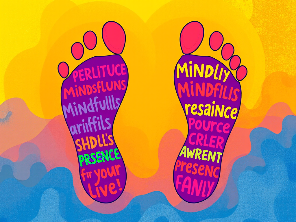 Create a vibrant illustration of two artistic footprints filled with colorful words representing mindfulness and presence, using a high-resolution DSLR camera with a wide-angle lens at f/8 aperture, 50mm focal length, and 1/200s shutter speed for enhanced detail and clarity.