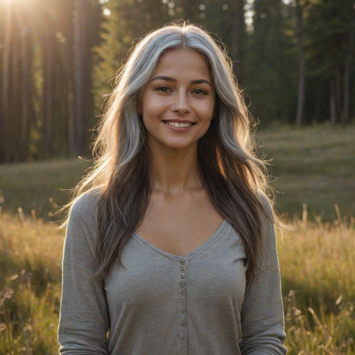 ultrarealistic, beautiful caucasian woman, Indian pirouette on her head, gray hair, long straight hair, the sun gently illuminates her hair. Ultrarealistic skin, stands in the meadow, 1 girl, age - about 25 years old, swarthy complexion, ultrarealistic skin, smiles gently, stands near the campfire. She looks sexy